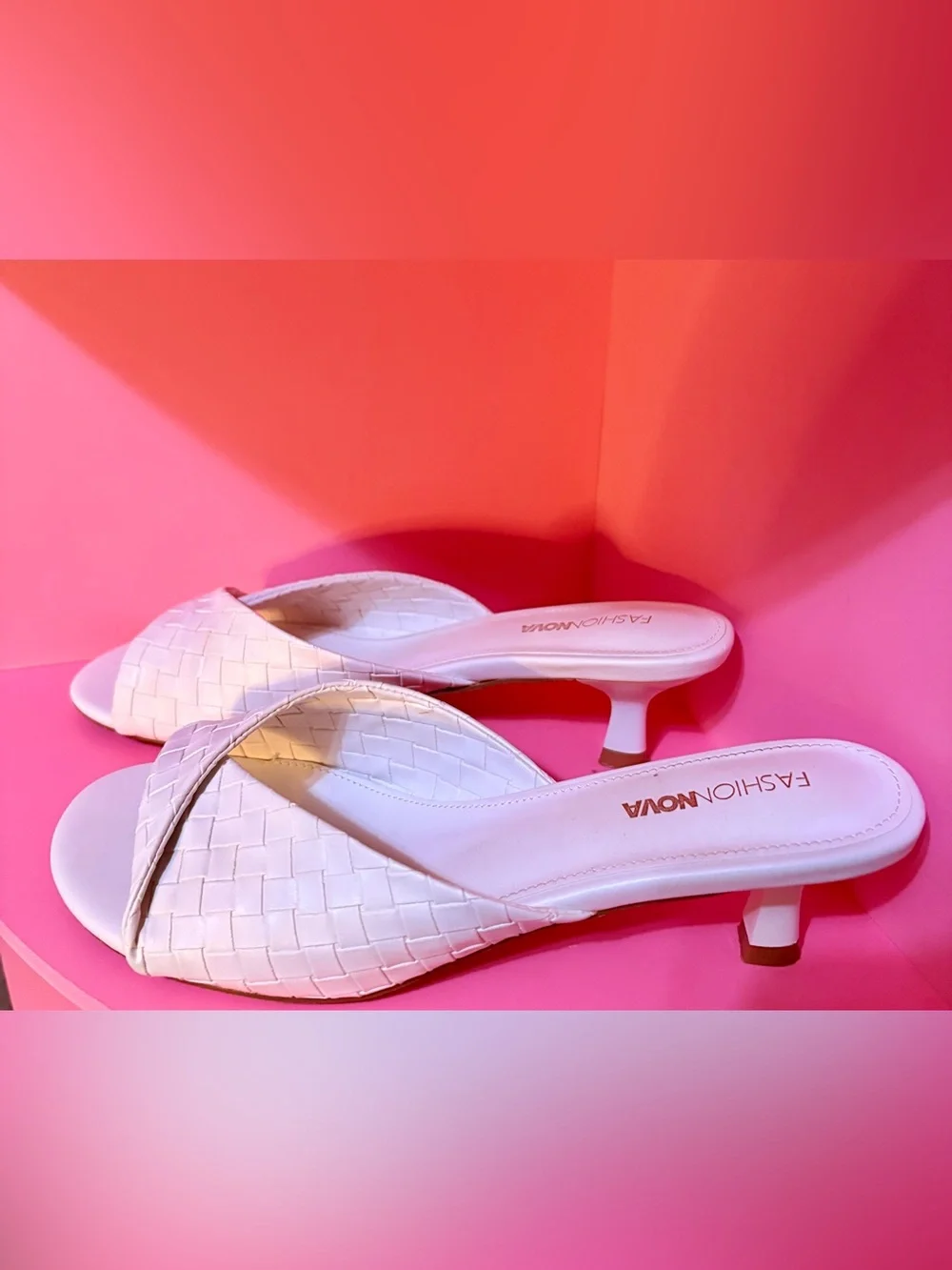 Fashion Nova White Woven Slip-On Kitten Heel Mules